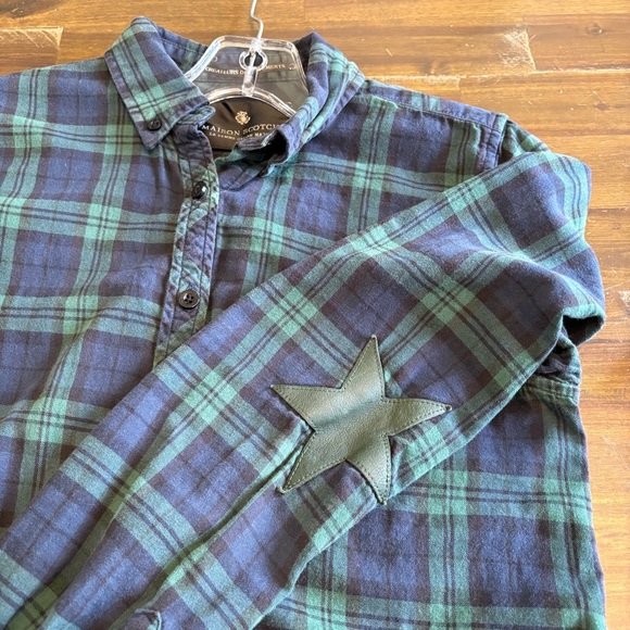 Maison Scotch & Soda Green Plaid Grid Shirt Dress Leather Stars Patch Button S - Picture 3 of 9